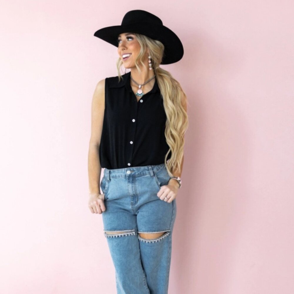 Button Down Woven Blouse Top "BLACK & TURQUOISE"
